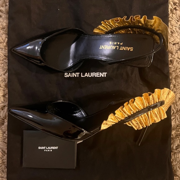 SAINT LAURENT EDIE Slingback Pump Heel Shoe Gold Black Patent-likeNew!originals! - Picture 3 of 8